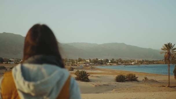 Plaja de nisip și marea albastră din spatele femeii. Fata rămâne pe plajă și caută Into Horizon, mișcare lentă . — Videoclip de stoc