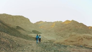 Bir grup turist sıcak çölde kaya kanyonu boyunca yürür, turistler fotoğraf çeker ve eğlenirler. Çöl dağları arka planı, Mısır, Sina, yavaş çekim, 4k