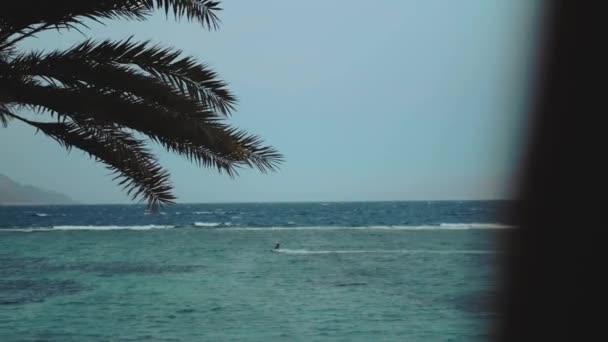 Kadın şarap içiyor ve bak insanlar Dahab Mısır 'da temiz suda nasıl sörf yapıyor. Arka planda dağlar olan mavi denizi keşfetmek ve insanlar uçurtma sörfü, yavaş çekim, 4k — Stok video