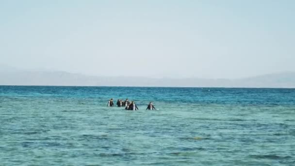 Un groupe de plongeurs sous-marins vont plonger dans la mer rouge, journée ensoleillée et l'eau claire à Dahab, Egypte, ralenti, 4k — Video