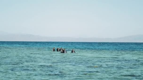 A group of scuba divers go diving in red sea, sunny day and clear water in Dahab, Egypt , slow motion, 4k — Stock Video