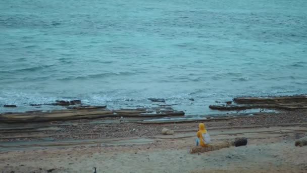 Mujer bonita caminando sola en la playa costera pedregosa cerca del mar, las olas se rompen en la orilla, Egipto Sinaí montaña en el fondo, cámara lenta, 4k — Vídeos de Stock
