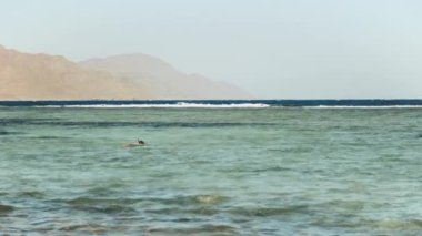 Kızıl denizde şnorkelle yüzen adam, güzel mavi deniz manzarası ve berrak gökyüzü, denizdeki dalgalar ve ufuktaki dağlar, Mısır, Dahab, yavaş çekim, 4k