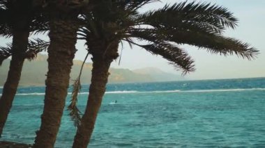 İnsanlar, Dahab Mısır 'ın güzel, berrak sularında sörf yaparken pencereden bakıyorlar. Arka planda dağlar olan mavi denizi keşfetmek ve insanlar uçurtma sörfü, yavaş çekim, 4k