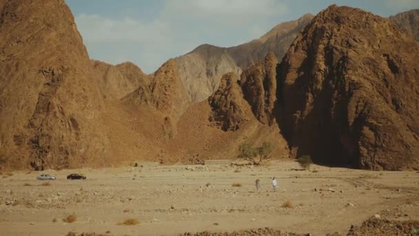 Eine Touristengruppe wandert entlang der Felsschlucht in der heißen Wüste. Wüstenfelsen Hintergrund, Ägypten, Sinai, Zeitlupe, 4k — Stockvideo