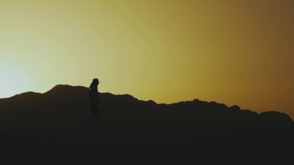 Sylwetka pięknej młodej kobiety spaceruje o zachodzie słońca na pustyni. Kobieta przemierzająca pustynię, wydmy, wieje wiatr, zwolnione tempo, pełny hd — Wideo stockowe