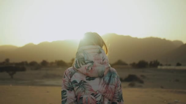 Beautiful blond woman walk at sunset in desert. Female going through the desert, dunes, close-up, slow motion, full hd — Stock Video