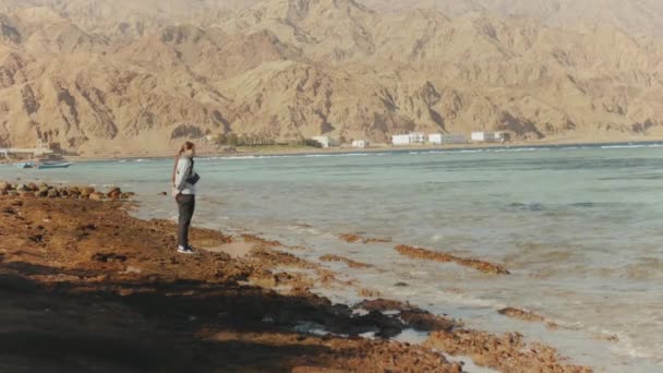 Mujer bonita caminando sola en la playa costera pedregosa cerca del mar, las olas se rompen en la orilla, Egipto Sinaí montaña en el fondo, cámara lenta, hd completo — Vídeos de Stock