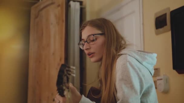 La femme blonde à lunettes joue de la guitare et chante sur la chaise dans un appartement confortable. Une femme crée de la musique à l'intérieur, 4k — Video