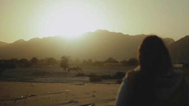 Silhueta de bela jovem caminhada ao pôr-do-sol no deserto. Feminino passando pelo deserto, dunas, vento soprando, 4k — Vídeo de Stock