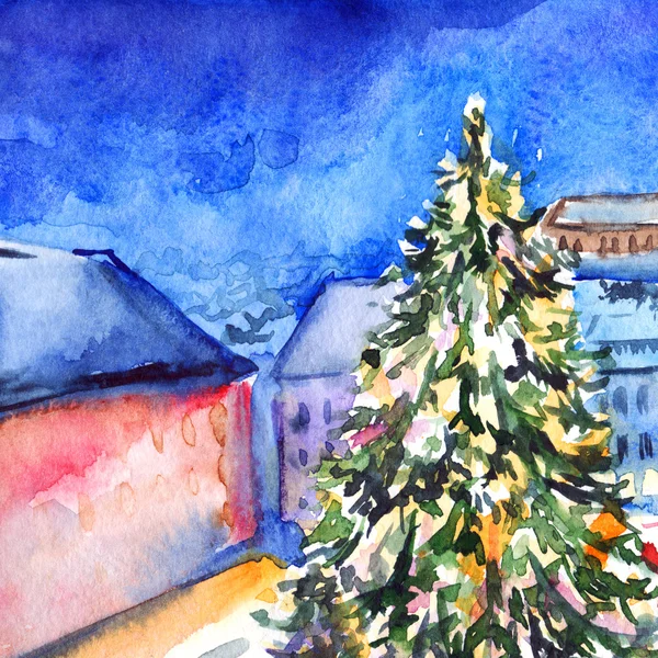 Ακουαρέλα χριστουγεννιάτικο δέντρο στην πλατεία έργα τέχνης της πόλης — Φωτογραφία Αρχείου