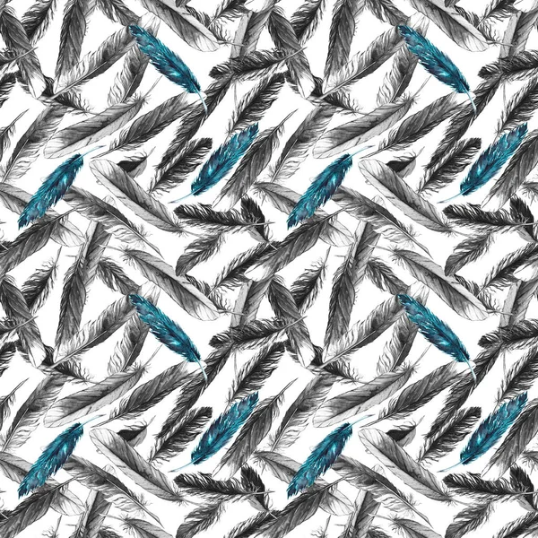 Watercolor black and white monochrome feather seamless pattern — Stock Photo, Image