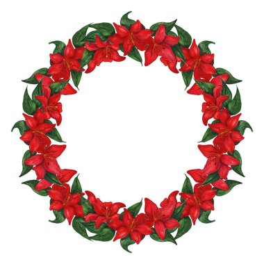 Suluboya kırmızı lily çiçek çelenk kompozisyon izole