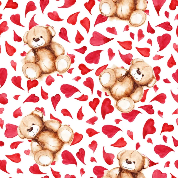 Dibujos animados encantador oso de peluche corazón San Valentín patrón sin costuras —  Fotos de Stock