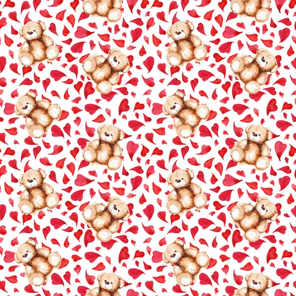 Dibujos animados encantador oso de peluche corazón San Valentín patrón sin costuras — Foto de Stock
