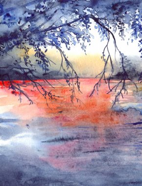 Günbatımı ağaç dalları nehir göl manzara akşam suluboya