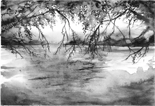 Aquarell monochrom Baum Äste Fluss Seenlandschaft — Stockfoto