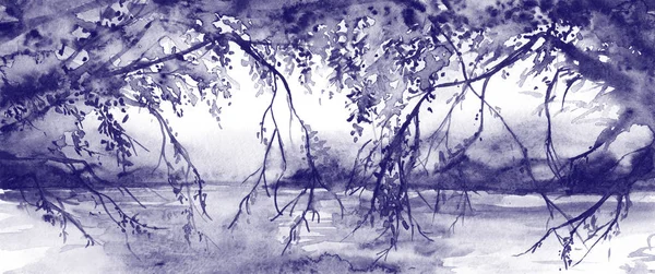 Watercolor monochrome tree branches river lake landscape — Stock Photo, Image