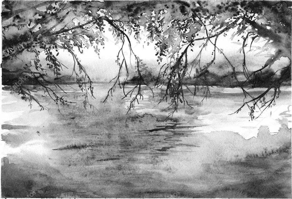 Watercolor monochrome tree branches river lake landscape