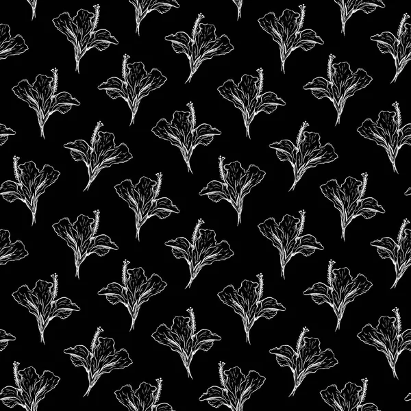 Monocromatico ibisco fiore pianta linea arte modello vettoriale senza soluzione di continuità — Vettoriale Stock