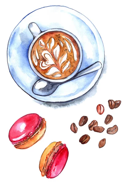 Watercolor cup of coffee and macaroons isolated — Stock Photo, Image