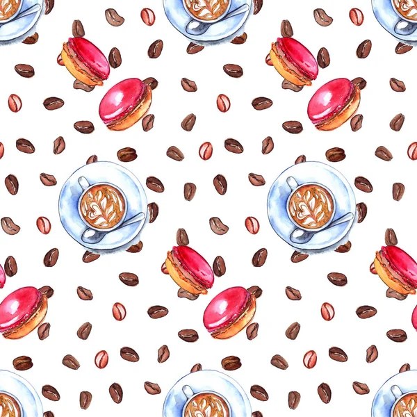Watercolor cup of coffee and macaroons seamless pattern