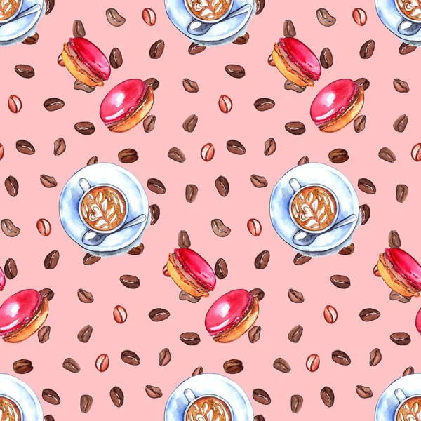 Watercolor cup of coffee and macaroons seamless pattern