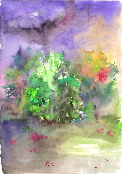 Watercolor nature cloudy forest glade abstract landscape — Stock Photo, Image