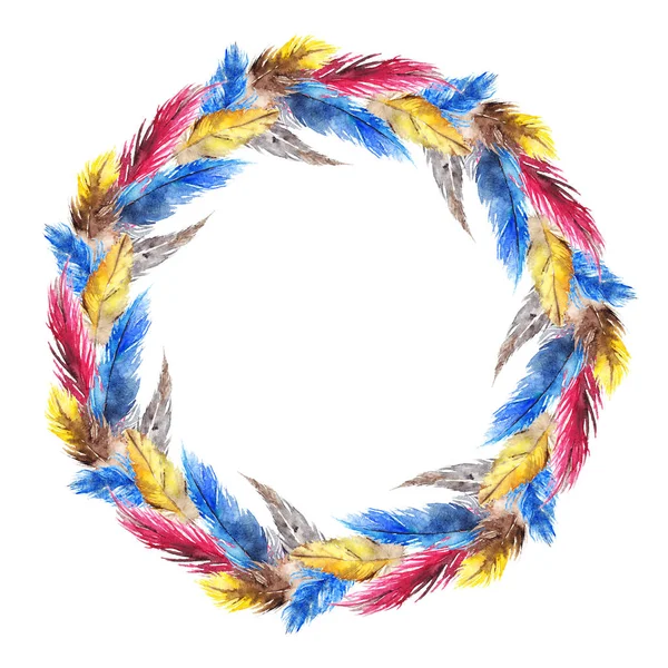 Akvarelu barevné ptačí pírko kruh věnec složení, samostatný — Stock fotografie