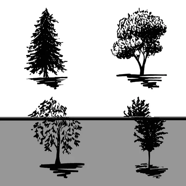 Monochrome trees silhouette sketched line art isolated vector — Stock Vector