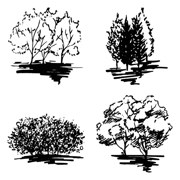 Monocromo árbol silueta dibujado línea arte conjunto aislado vector — Archivo Imágenes Vectoriales