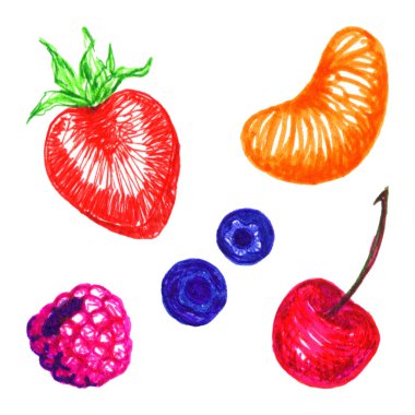 Çilek vişne blueberry ahududu mandalina berry meyve izole kümesi kroki
