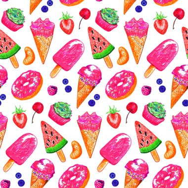 Dondurmalı meyve ekmek kek poğaça tatlı gıda kroki seamless modeli berry