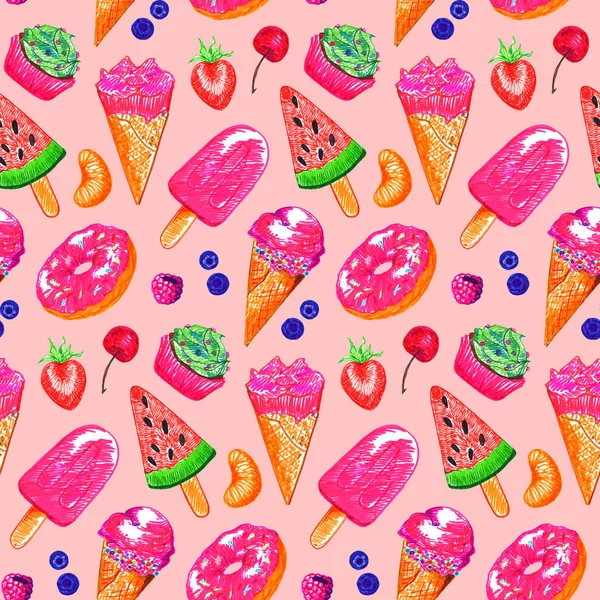 Морозиво фрукти ягідна випічка кекс пончик десерт їжа ескіз безшовний візерунок — стокове фото