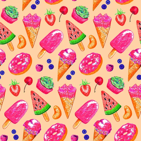 Ice-cream fruit berry bakery cupcake donut dessert food sketch seamless pattern