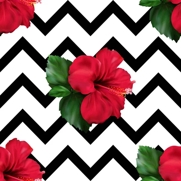 赤いハイビスカス カルカデ熱帯のエキゾチックな花植物幾何学的シームレス パターン背景 — ストック写真