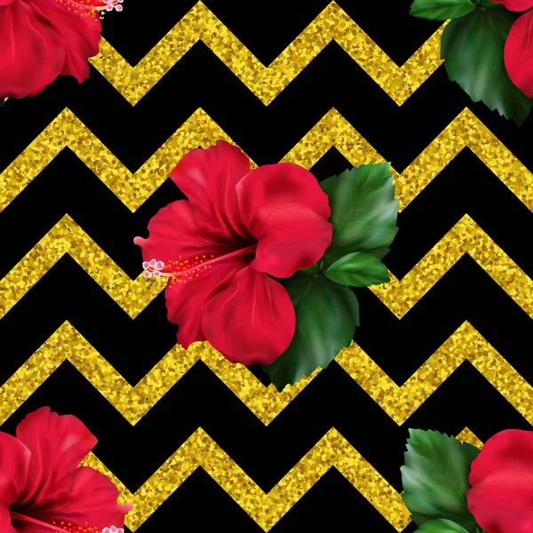 ハイビスカス カルカデ熱帯のエキゾチックな花キラキラ ジグザグ シームレス パターンの幾何学的な背景 — ストック写真