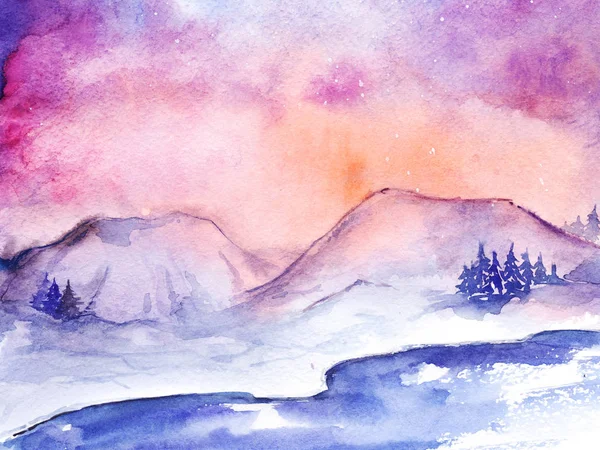 Watercolor nothern lights nature snow winter landscape — Stock Photo, Image