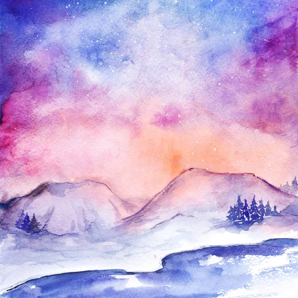 Aquarela luzes da natureza neve inverno paisagem — Fotografia de Stock