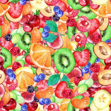 Sulu Boya egzotik meyve berry dilim Dikişsiz desen doku arka plan