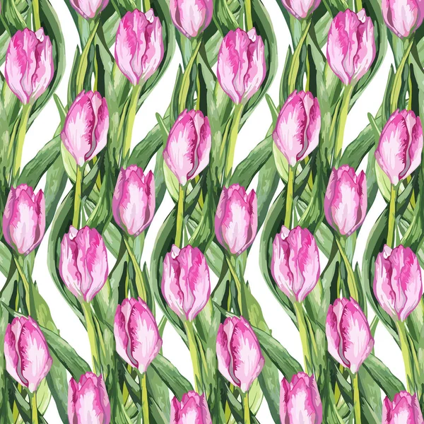 수채화 꽃 꽃 핑크 튤립 원활한 패턴 배경 벡터 — 스톡 벡터