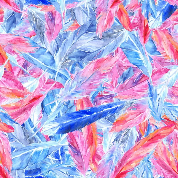 Aquarell bunt rosa blau Vogel Feder nahtlose Muster Textur Hintergrund — Stockfoto