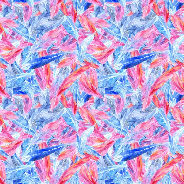 Vesiväri värikäs vaaleanpunainen sininen lintu sulka saumaton kuvio rakenne tausta — kuvapankkivalokuva