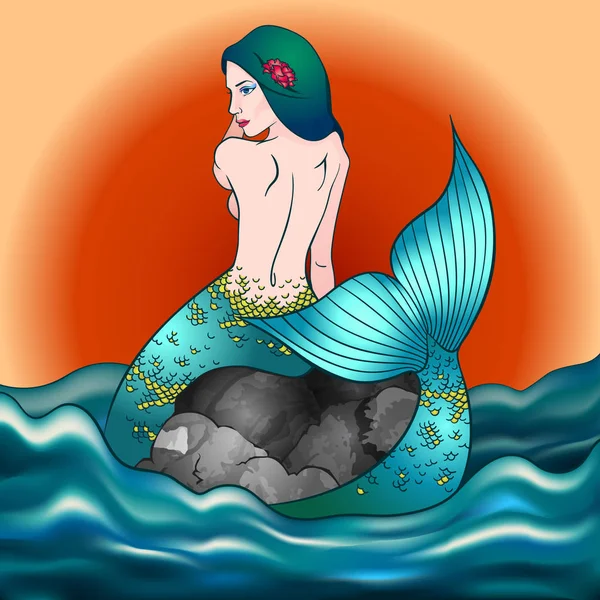Русалка дівчина сонце захід сонця схід океану море вектор старовинні ретро ілюстрації — стоковий вектор