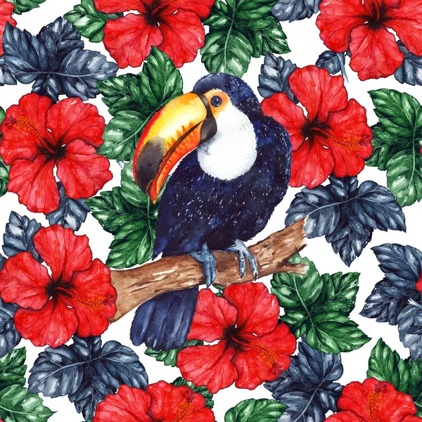 Aquarelle exotique fleur tropicale hibiscus animal oiseau toucan sans couture motif texture fond — Photo