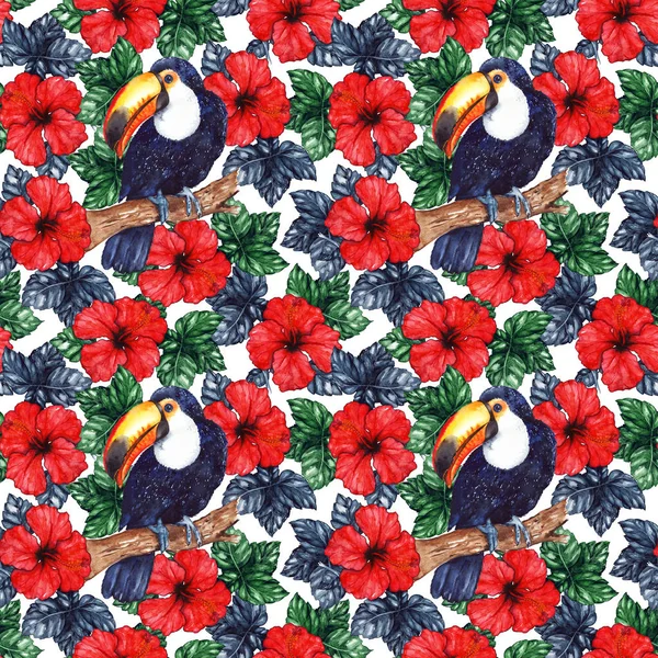Watercolor exotic tropical flower hibiscus animal bird toucan seamless pattern texture background — Stock Photo, Image