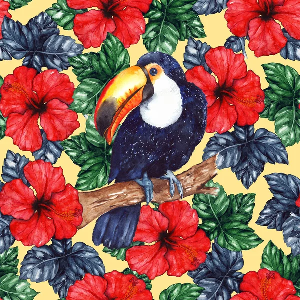 水彩のエキゾチックな南国の花ハイビスカス動物鳥オオハシ シームレス パターン テクスチャ背景 — ストック写真