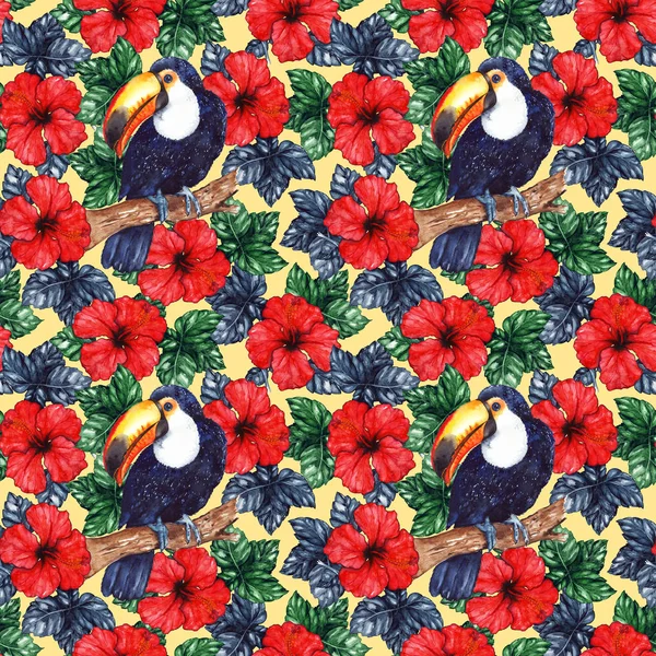 Akvarell exotiska tropiska blomma hibiscus djur fågel toucan sömlösa mönster textur bakgrund — Stockfoto