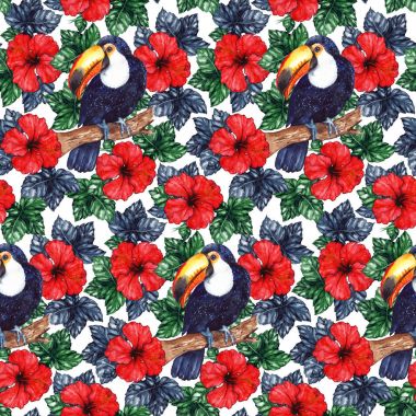 Sulu Boya egzotik tropik çiçek hibiscus hayvan kuş toucan Dikişsiz desen doku arka plan