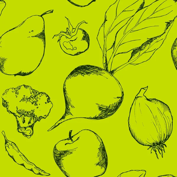 Fruta vegetal tinta monocroma dibujado a mano patrón sin costuras textura fondo vector — Vector de stock